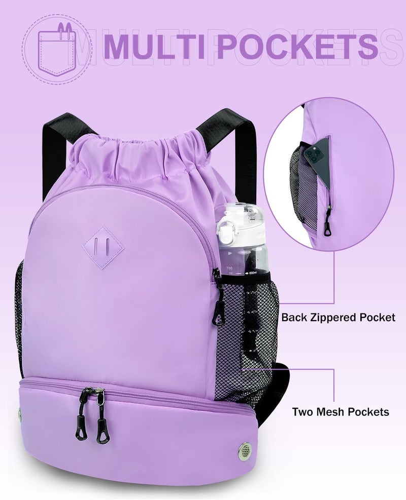 RHDZO Store Drawstring Backpack Gym Backpack with Shoe Compartment for Men Women String Sports Bag with Wet Pocket Cinch Swim Beach Bag, Purple (Patent Pending) - Image 3